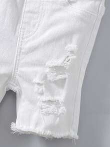 SHEIN Pantalón corto vaquero casual, suave y lindo con bordes deshilachados y desgarrados para bebé niño, para el verano - Blanco - Ver 6