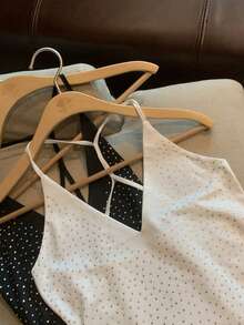 Resyla 2pcs/Set Sexy Rhinestone Decor Women's Camisole Bodysuit, Summer - Black and White - View 3