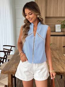Elouméa Women's Standard Size Striped Fabric Ruffle Trim Collar Fitted Casual Shirt, Spring/Summer - Blue and White - View 4