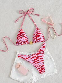 Swim Vcay 新款女士优雅 Y2K 热带海滩度假风两件式比基尼套装 - 不对称三角挂脖上衣，饰以红色鱼纹印花和条纹拼接，金色海星吊坠和可调节条纹肩带，V 型高衩性感泳裤 - 顺滑弹力速干面料 - 完美适用于夏季海滩度假、泳池派对、音乐节、婚礼、春季假期等场合 - 粉色 - 查看 4
