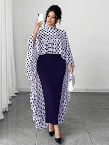 Elenzga Plus Size Chiffon Floral Print Ruffle Trim Cape Top + Knit Slip Dress Elegant 2-Piece Set For Party - Navy Blue - View 5