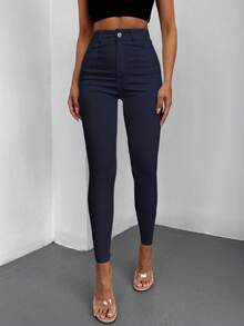 EURMUSE Solid Zipper Fly Skinny Jeans - Navy Blue - View 1