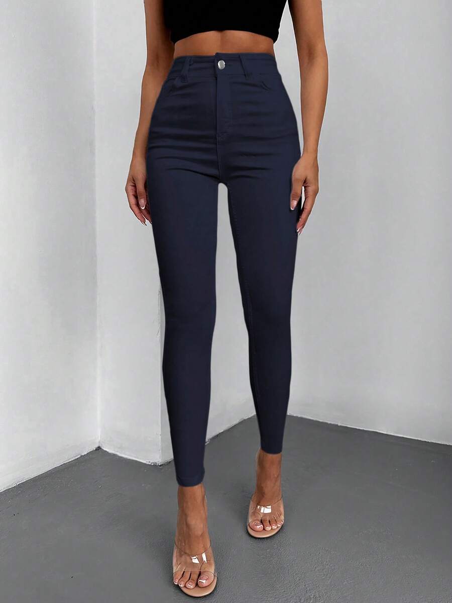 EURMUSE Solid Zipper Fly Skinny Jeans - Navy Blue - View 1