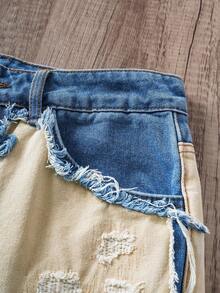 Manfinity Joysei Manfinity Streetrush Men's Contrast Color Fringe Casual Denim Shorts - Khaki - View 3