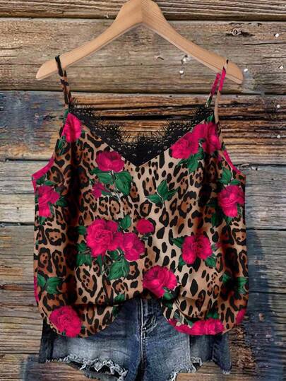 SHEIN Tall Women's Vintage Casual Loose Fit V-Neck Lace Trim Adjustable Strap Camisole Top, Retro Floral Print, Suitable For Spring And Summer