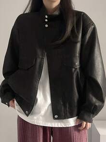 DAZY Chaqueta holgada con cuello alto y efecto desgastado para mujer, chaqueta de cuero de otoño - Negro - Ver 6