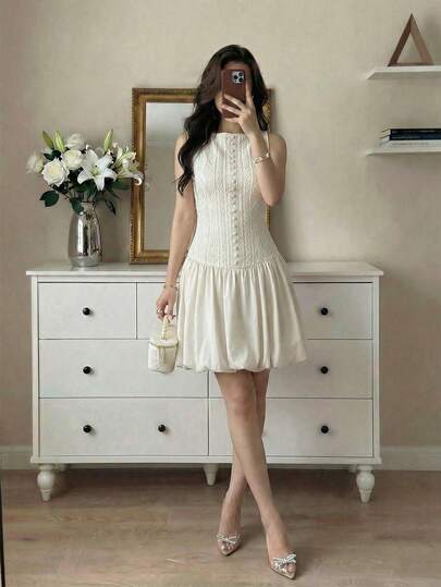 Modelyn 女士优雅纹理面料泡泡下摆无袖纯色连衣裙，适合夏季约会