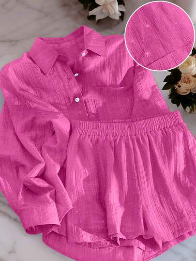 Airaco Plus Size Women Casual Vacation Commute Comfortable Daily Wear Rose Red Front Button Long Sleeve Top And Shorts Set