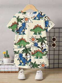 两件套男童恐龙印花圆领短袖T恤和短裤，休闲日常穿搭 - 彩色 - 查看 2