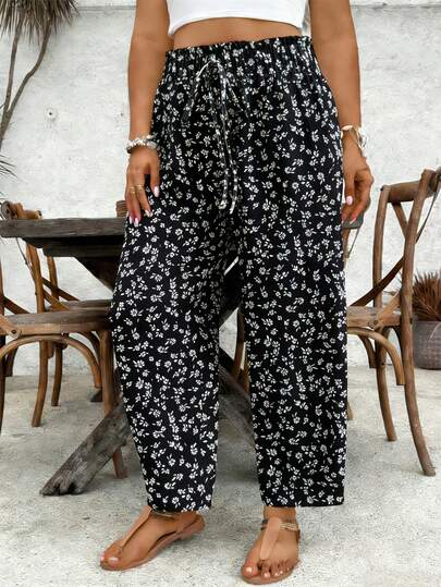 SHEIN VCAY Plus Size Ditsy Floral Pants With Drawstring Waist And Ruffle Hem, Elegant For Vacation