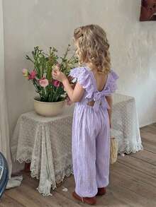 SHEIN X Scheana LMoss Kids Bộ áo liền quần dệt kim màu trơn có bèo nhún ở gấu dành cho bé gái - Màu tím hoa cà - Xem 6