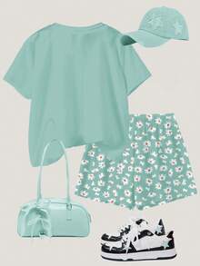 Tween Girl Mint Green Daisy Print Short Sleeve T-Shirt And Shorts 2-Piece Set,Cute Casual Summer Vacation Flower Outfits,Boho Minimalist Spring Set - Multicolor - View 2