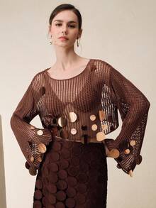 Anewsta Women's Elegant Handmade Mesh Knit Beaded Top - Coffee Brown - View 3