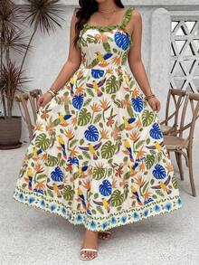 Ceyna Plus Size Women's Sleeveless Square Neck Tropical Parrot Print Dress, Elegant & Casual Vacation Dress Women Vacation Dress Women Sundress Women's Summer Dresses Women's Summer Outfits Women Sun Dress Women Casual Dresses Women's Spring Dress Casual Summer Dresses For Women Tropical Print Maxi Dress Resort Wear Women Vacation Dress Bird Print Dress - Multicolor - View 6
