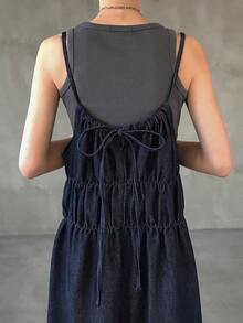 FRIFUL Đầm denim xếp ly dáng rộng thoải mái mùa hè dành cho nữ - Màu xanh lam - Xem 7