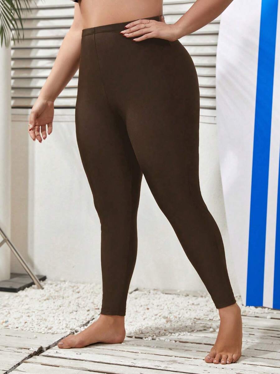 Swim Mulvari Plus Size Solid Color Minimalist Casual Swimwear Bottom - Brown - View 1