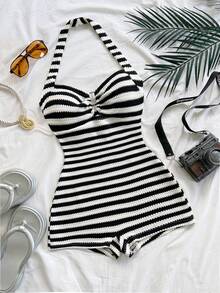 Soleia Summer Outfit For Women Party Outfit Women's Summer Vacation Striped Ring Detail Halter Jumpsuit - Black and White - View 1