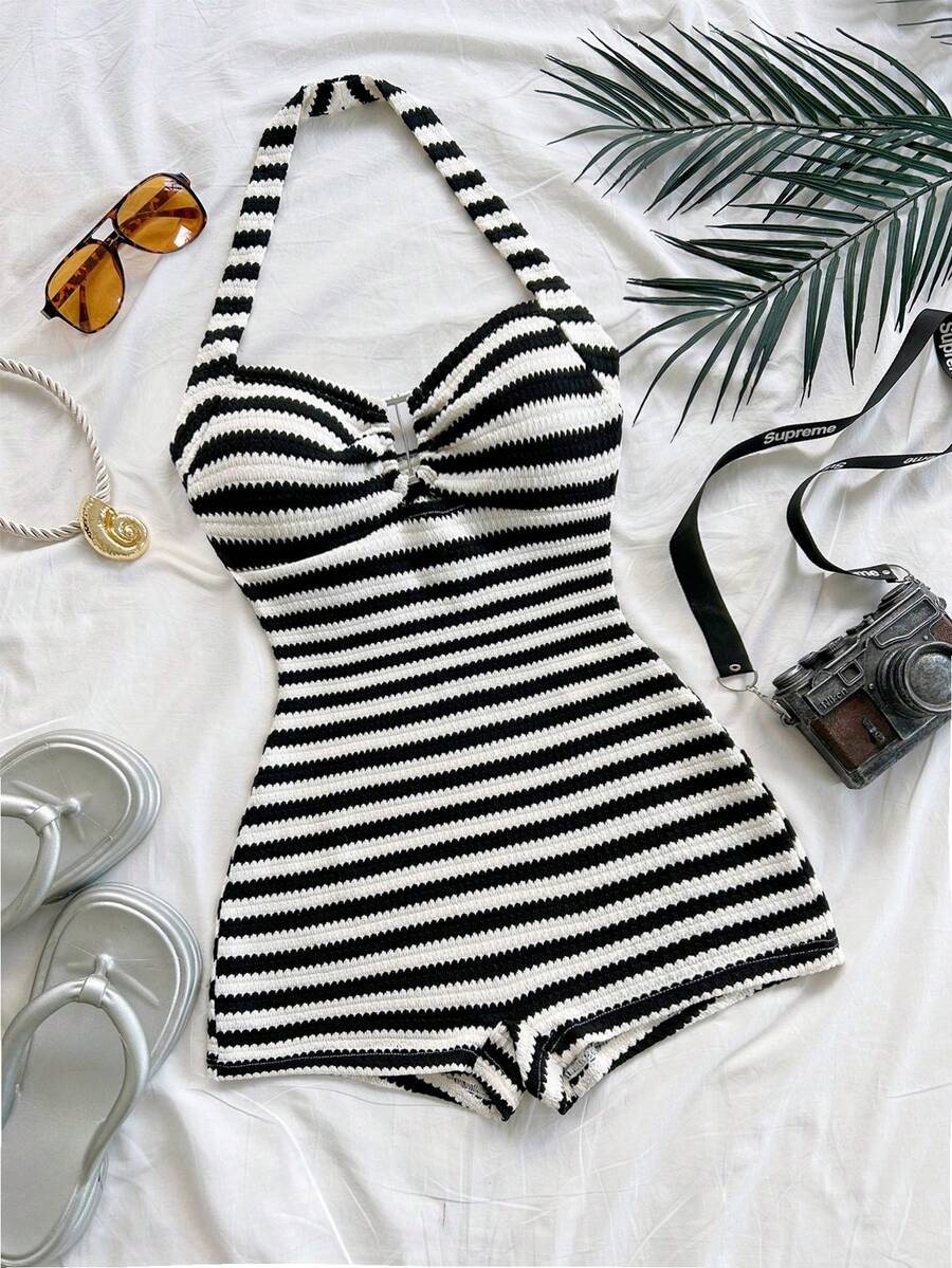 Soleia Summer Outfit For Women Party Outfit Women's Summer Vacation Striped Ring Detail Halter Jumpsuit - Black and White - View 1