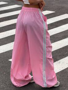 Muchica Casual Sports Colorblock Striped Wide Leg Pants - Pink - View 2