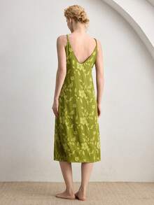 Ocili Vestido camisero minimalista con recortes de satén, cómodo y elegante camisón de otoño para mujeres - Verde - Ver 3