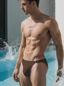 Manfinity KASUA Men's Solid Color Metal Decor Swim Trunks - Brown - View 3