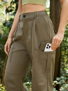 SHEIN In My Nature 女士工装口袋直筒宽松休闲徒步裤 - 卡其色 - 查看 5
