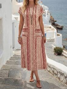 Faunlyn Women's Vacation Geometric Print Round Neck Batwing Short Sleeve Dress - Red - View 5