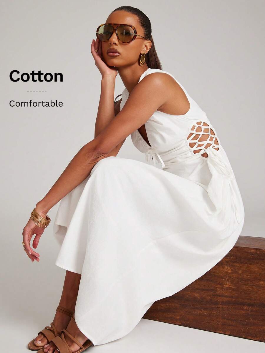 NYA SZN V领侧边蕾丝长裙 - 白色 - 查看 1