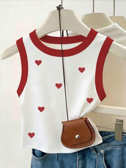 Resyla 女士常规版型背心，心形印花图案设计，休闲时尚风格，透气夏季单品，适合约会、日常穿着、休闲、购物、办公等场合。