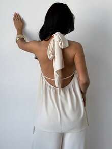 Firerie Women's Elegant Minimalist Comfortable Fashion Vacation Bohemian Commute Urban Modern Casual Halter Backless Draped Blouse And High Waist Wide Leg Flowing Pants Two Pieces Set, Apricot - Apricot - View 5