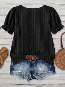 SHEIN VCAY Áo sơ mi nữ cỡ lớn màu đen, chất liệu vải dệt họa tiết, kiểu dáng thường ngày, phù hợp cho mùa hè, kỳ nghỉ và công sở. - màu đen - Xem 2