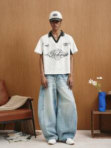 TOKVUE Men's Personalized Fashion Letter Print Raglan Sleeve Polo Shirt - White - View 4