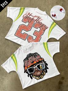 PAVTROS Camiseta de manga corta con estampado de rhinestones de moda callejera para hombres - Multicolor - Ver 1