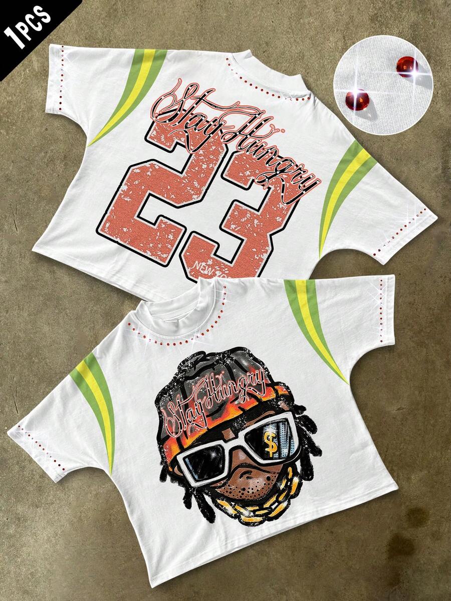 PAVTROS Camiseta de manga corta con estampado de rhinestones de moda callejera para hombres - Multicolor - Ver 1