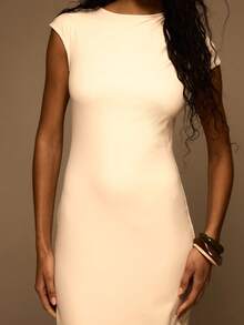 MUSERA Slinky Asymmetric Ruched Shoulder Straight Fit Maxi Dress Spring Summer Elegant Vacation Holiday Ibiza Club Occasion Sexy Evening Wedding Guest Sunset Kiss - Beige - View 6