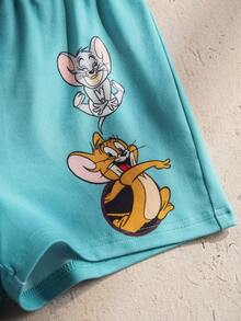 TOM & JERRY X SHEIN 男婴字母卡通印花圆领短袖T恤和短裤套装 - 青碧色 - 查看 6