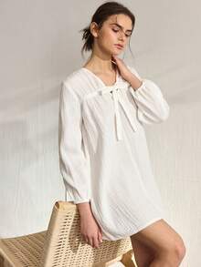 Ocili Đầm dài tay cổ chữ V xoắn màu trơn dành cho nữ, thích hợp mặc ở nhà. - trắng - Xem 2