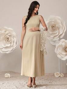 SHEIN 2pcs Maternity Elegant Dress & Embroidered Mesh Jacket Set - Apricot - View 3