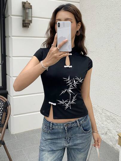 EastFlair Elegant Bamboo Embroidery Button-Up Top, Traditional Chinese Style For Summer Graphic Top Latest Tops For Women New Arrivals Cheongsam Top Women New T Shirt Blouses For Women Yk2k Tops