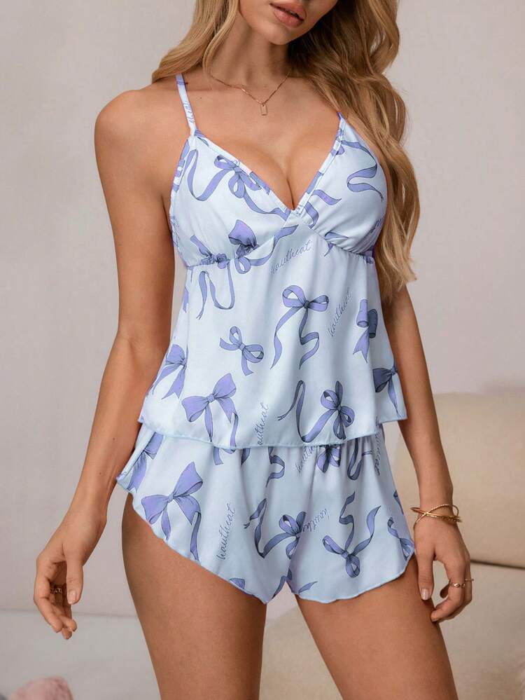 Women's Spaghetti Strap Criss-Cross Back Sleeveless Butterfly Print Pajama Set - Sky Blue - View 6