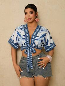 SHEIN TRVLCHIC Plus Size Tropical Print Batwing Sleeve Tie Front Cropped Shirt - Multicolor - View 6