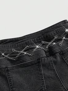 ROMWE Grunge Punk Quần short denim cạp siêu trễ kiểu Punk Y2K cổ điển, gợi cảm với họa tiết dây xích và thánh giá. - màu đen - Xem 4