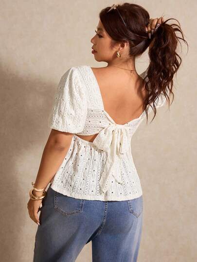 Elaquor Camiseta de manga corta de uso diario versátil y casual con nudo en la espalda, talla grande para mujer