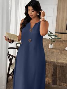 EMERY ROSE 大码女式夏季休闲度假风V领无袖宽松连衣裙 - 藍色 - 查看 4