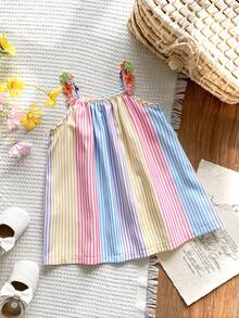 SHEIN Vintaside Kids Vestido de línea A a rayas con parches de flores de colores y cinta para niñas bebés, adecuado para uso diario casual y ocasiones festivas - Multicolor - Ver 5