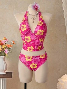 Bellisia 女士夏季沙滩印花挂脖式比基尼泳装套装，2026春夏新款女士泳装沙滩度假系列：优雅、浪漫、性感、甜美；简约、休闲、百搭；采用蝴蝶结系带比基尼设计，配有可拆卸胸垫，以及充满活力的假日主题彩色印花。是夏季郊游、海滩度假、海岛之旅和日光浴的完美之选。 - 粉色 - 查看 6
