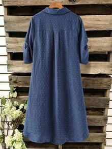 SHEIN Plus Size Women's Casual Elegant V-Neck Long Sleeve Dress Women's Casual Dress Collar Dress Women Summer Dress With Sleeve Linen Dresses For Women Denim Plus Size Dress - Navy Blue - View 2