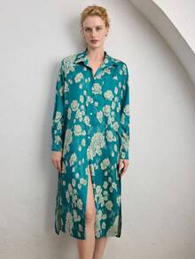 Ocili Đầm ngủ nữ cổ jacquard cài một hàng khuy, kiểu dáng thường ngày, thích hợp mặc ở nhà. - Màu xanh lá cây đậm - Xem 2
