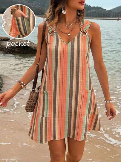 EMERY ROSE 大码彩色条纹束腰无袖夏季嘉年华派对连衣裙