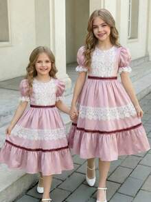 SHEIN Tween Girl Elegant Light Pink & White Color Block Ruffle Lace Trim Puff Sleeve Midi Princess Dress, Tween Girl Vintage Autumn Tea Party Dress, Partywear - Pink - View 7